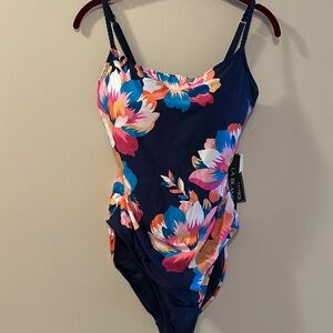 NWT, La Blanca, one piece tummy control swimsuit in denim bouquet Indigo